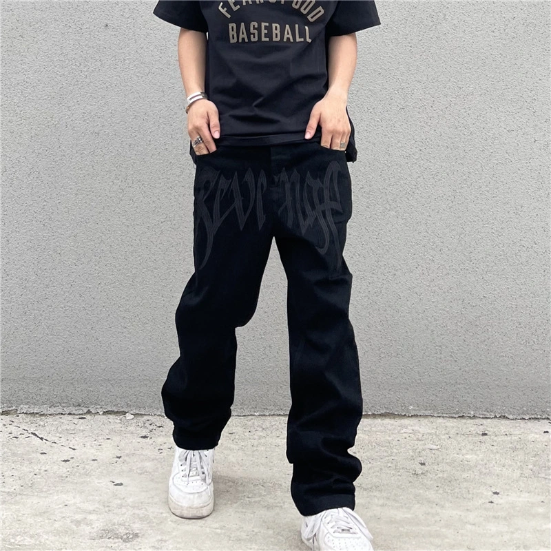 High Street American Retro Embroidered Letter High Waist Straight Hip Hop Loose Jeans