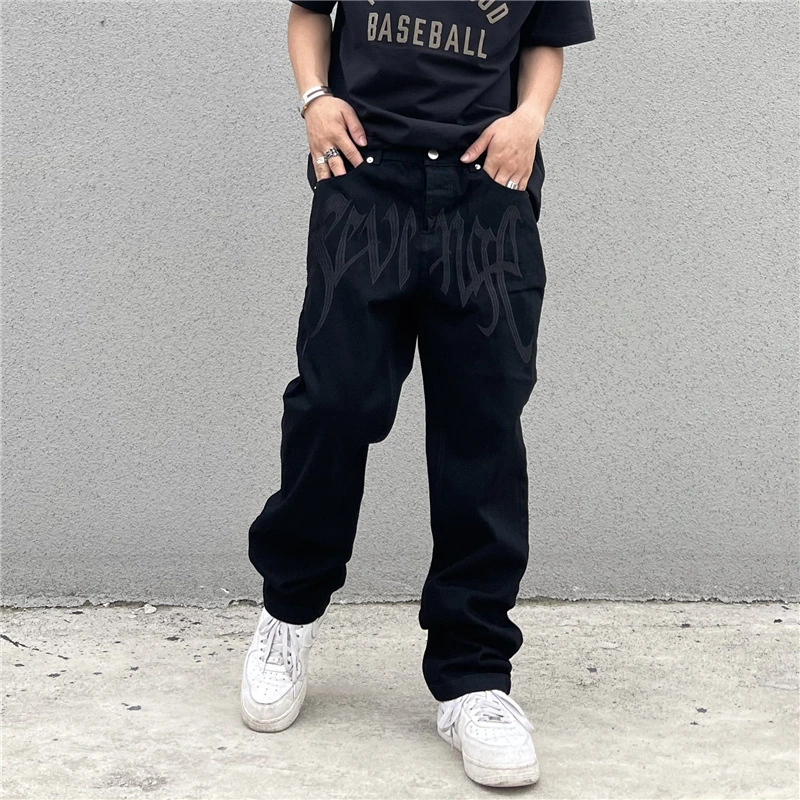High Street American Retro Embroidered Letter High Waist Straight Hip Hop Loose Jeans