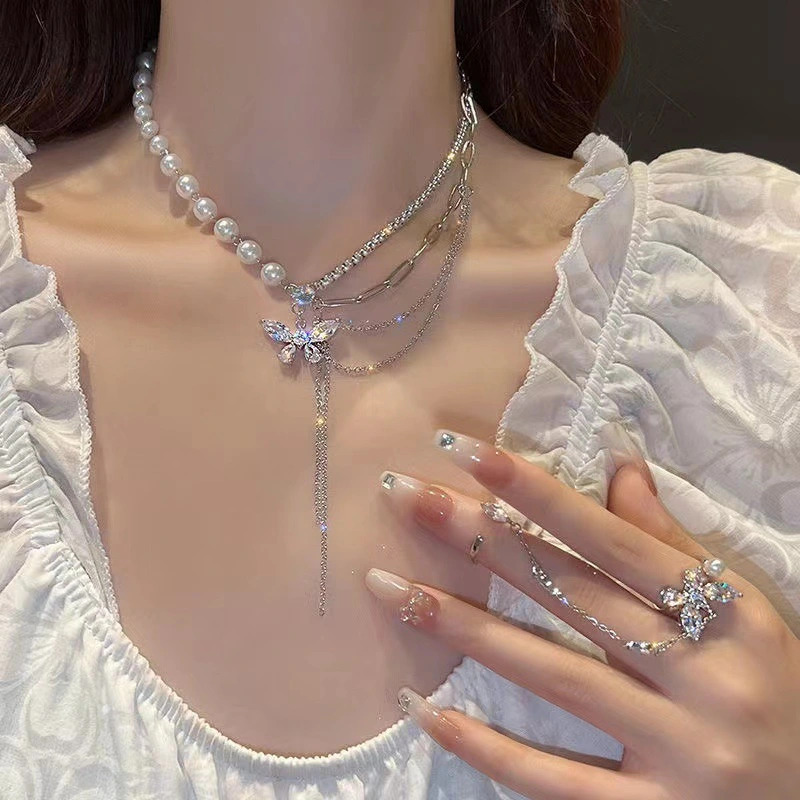 Pearl Necklace Zircon Butterfly Tassel Stitching Special-interest Design Light Luxury High-grade Clavicle Chain Fashion