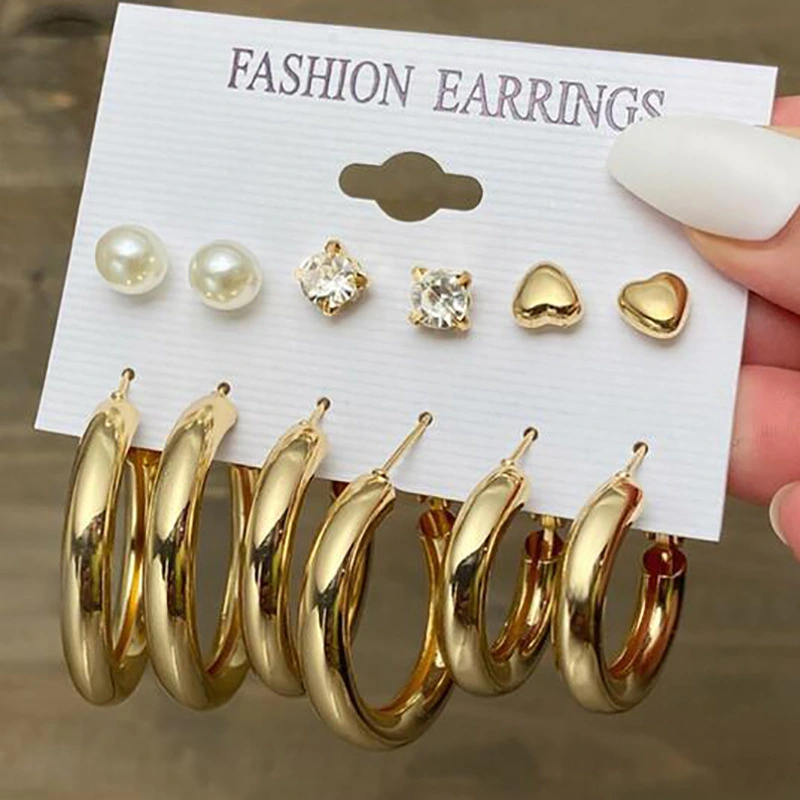 Metallic Element C Type Earring 6-piece Set