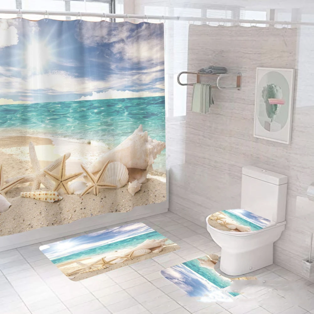 Mesh Starfish Shell Beach Digital Printing Shower Curtain Waterproof