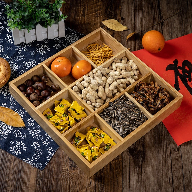 Melon Seeds Snacks With Lid Divided Bamboo Round Square Tray