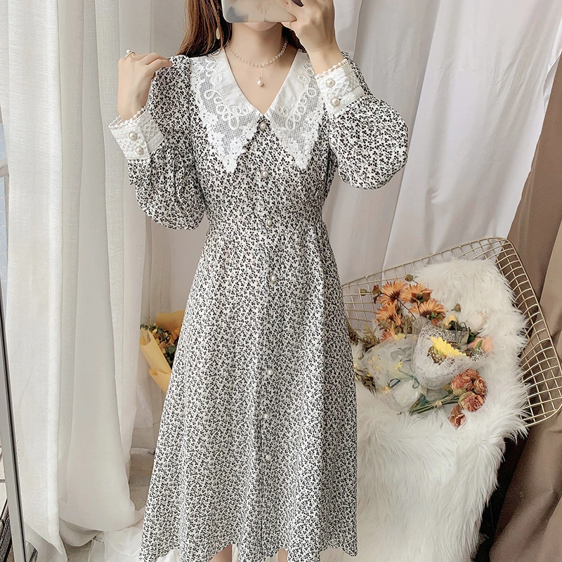 New French Retro Temperament V-neck Dress Lace Lace Waist-skimming Floral Dress