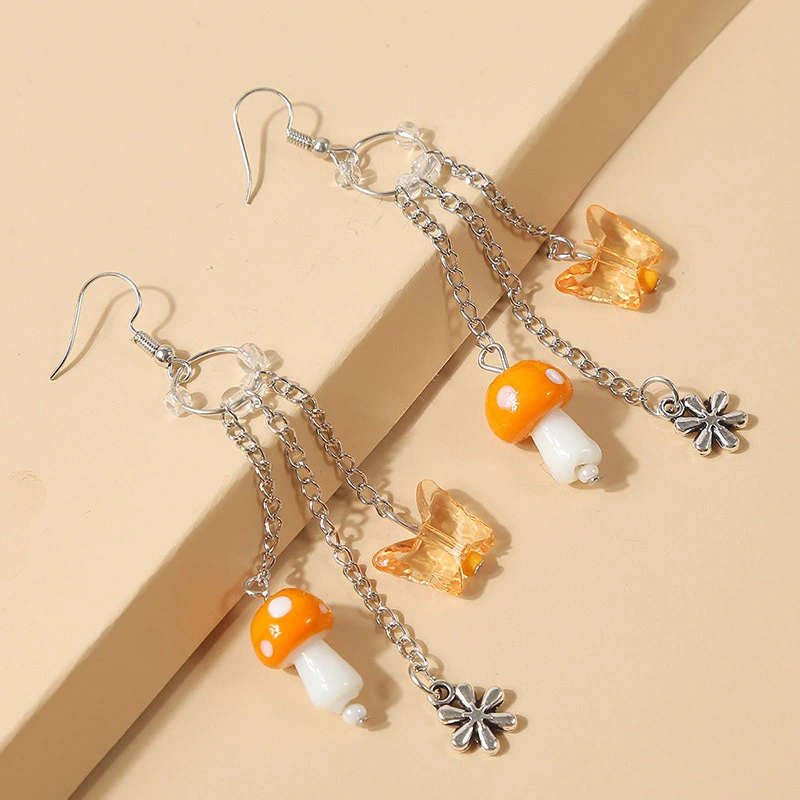 Long Chain Butterfly Mushroom Earrings For Women