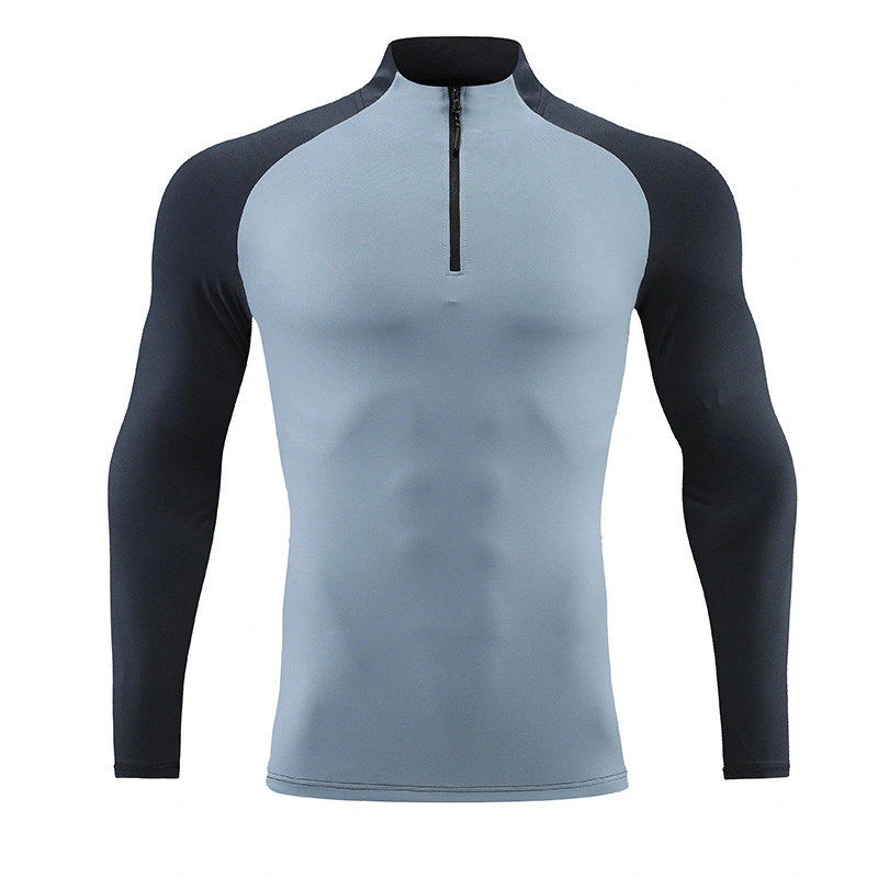 Running Sports Long Sleeved T-shirt Men's Stand Collar Half Zipper Zinc Solid Color Fitness Clothes Training Elastic Fast Dry Clothes