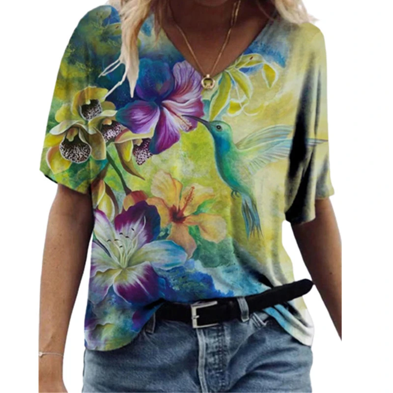 Fashion Women's Printed V-neck Short T-shirt