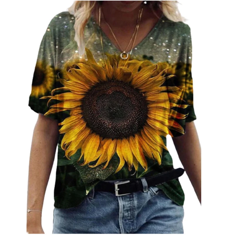 Fashion Women's Printed V-neck Short T-shirt