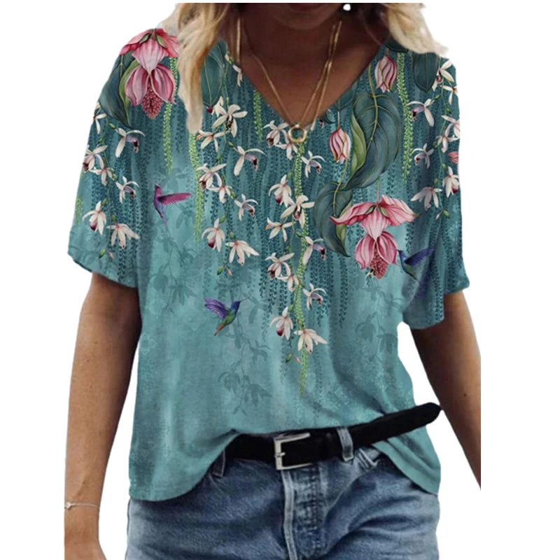 Fashion Women's Printed V-neck Short T-shirt