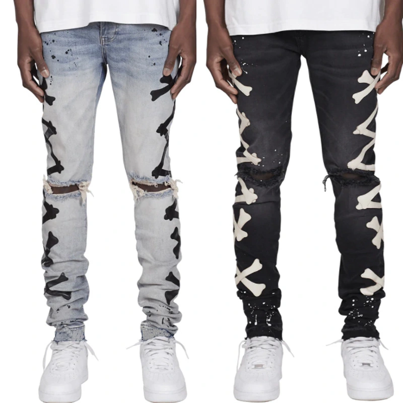 European And American Men's Ripped Print Stretch Jeans Printed Bones Trendy New