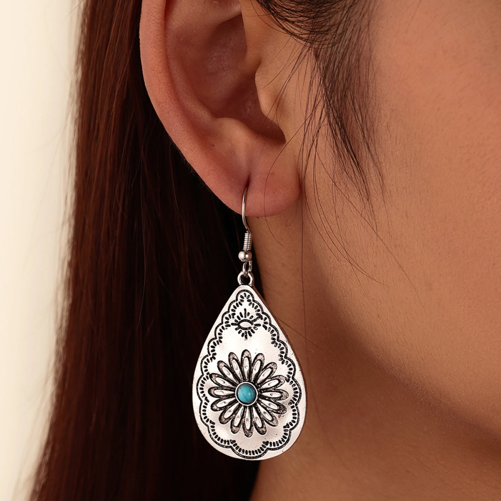 Retro Style Drop-shaped Women's Earrings European And American Water Drop Sunflower Turquoise Carved Earrings