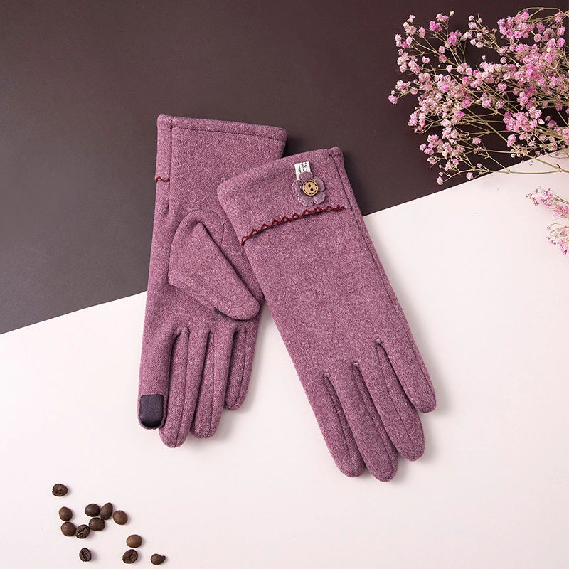 Autumn And Winter Dralon Simple Button Touch Screen Full Finger Gloves Women's Outdoor Riding Gloves Warm Sports Riding