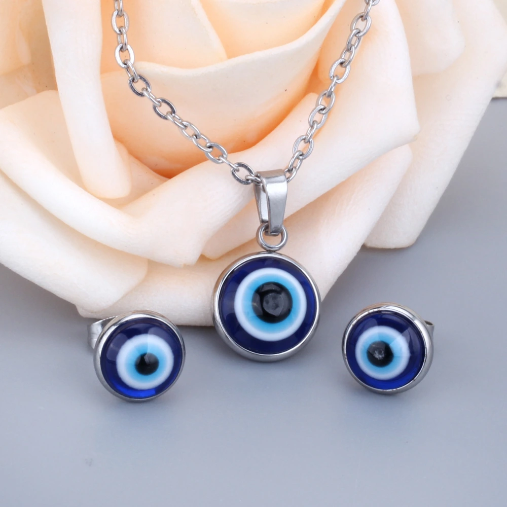 Women's Fashion Stainless Steel Devil's Eye Pendant Necklace Earrings Set