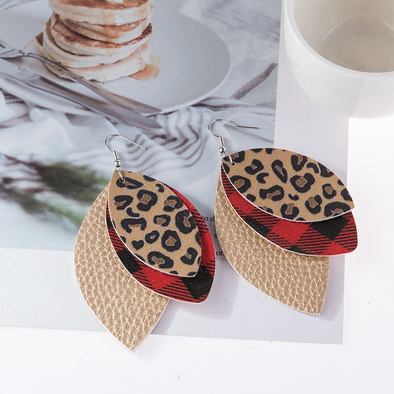 Fashion Vintage Leopard Print Earrings Plaid Leaves Three-layer Pu Leather Earrings