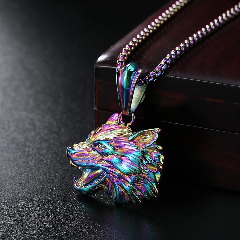 Color Retro Wolf Head Men's Titanium Steel Pendant Necklace