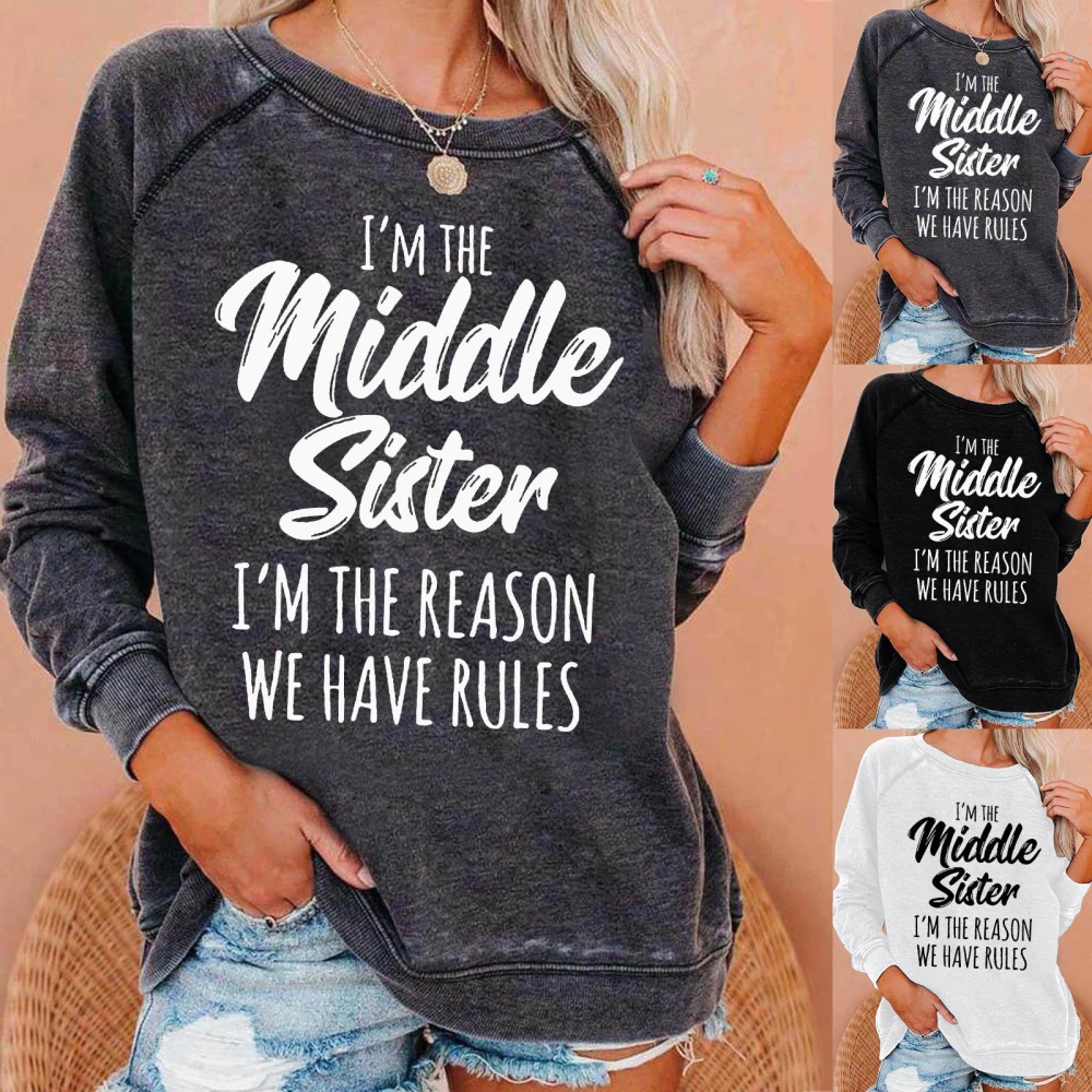 I'm The Middle Sister Printed Round Neck Sweater For Women