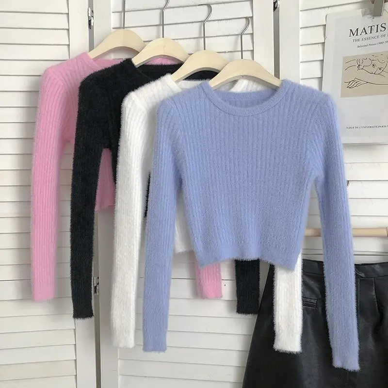 Mink Round Neck Vertical Texture Solid Color Long Sleeve Sweater Women's Autumn Clothing Korean Style Sweet All-matching Cropped Pullover Sweater