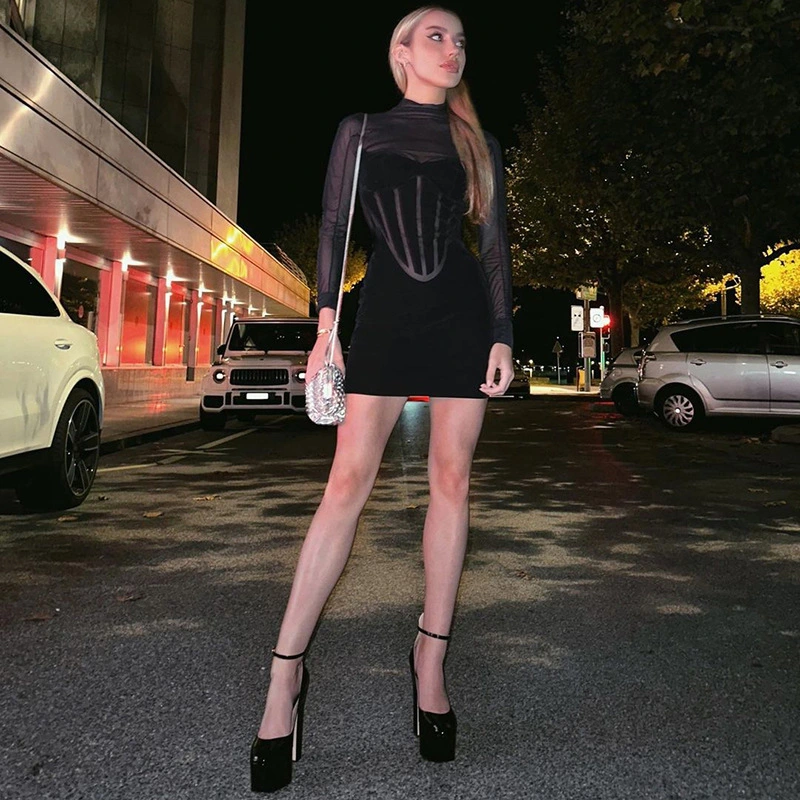 Sexy Turtleneck Flocking Mesh High Waist Tight-fitting Solid Color Sheath Dress
