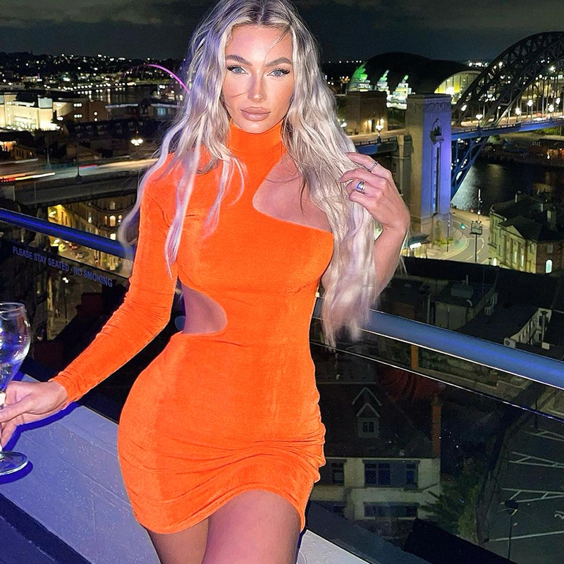 One Shoulder Turtleneck Cutout Slim Fit Hip Dress