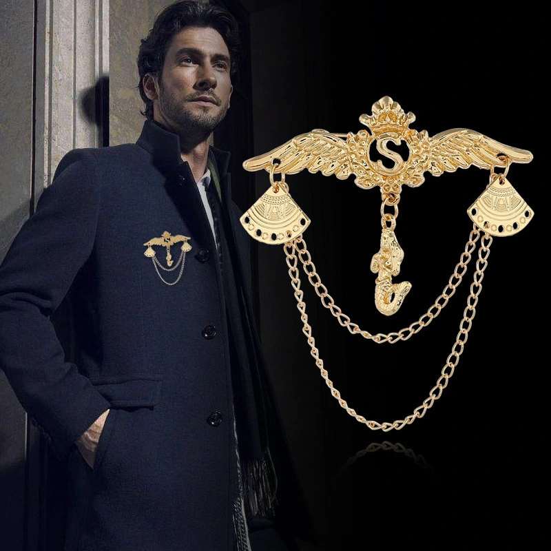 Korean New Wings Suit Letter Brooch High-end Men's European And American Retro Chain Corsage Pin Accessories