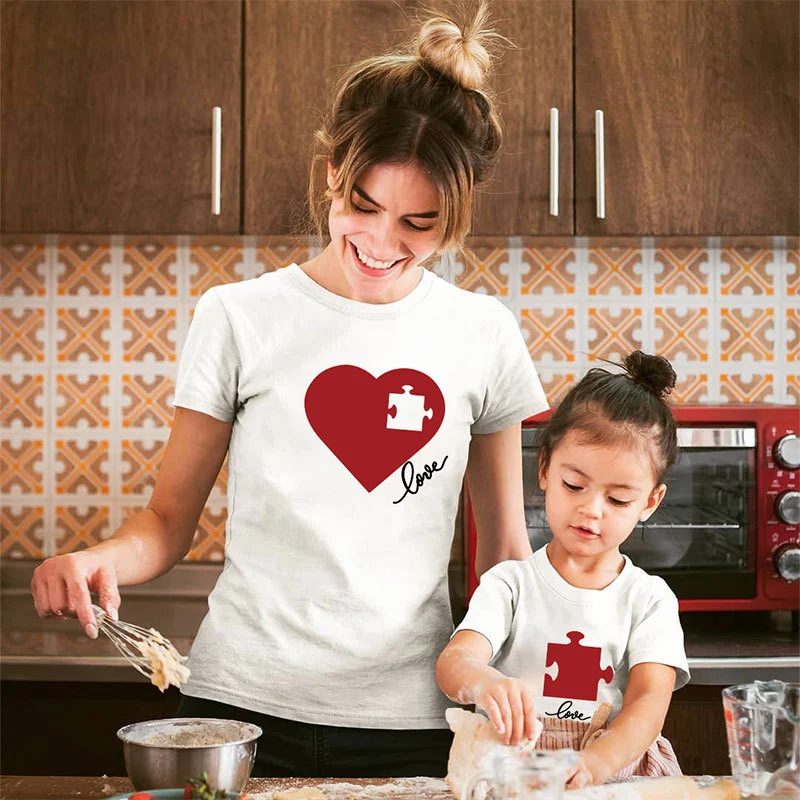 Valentine's Day Creative Puzzle Heart Printing Mother-daughter Matching Outfit Top