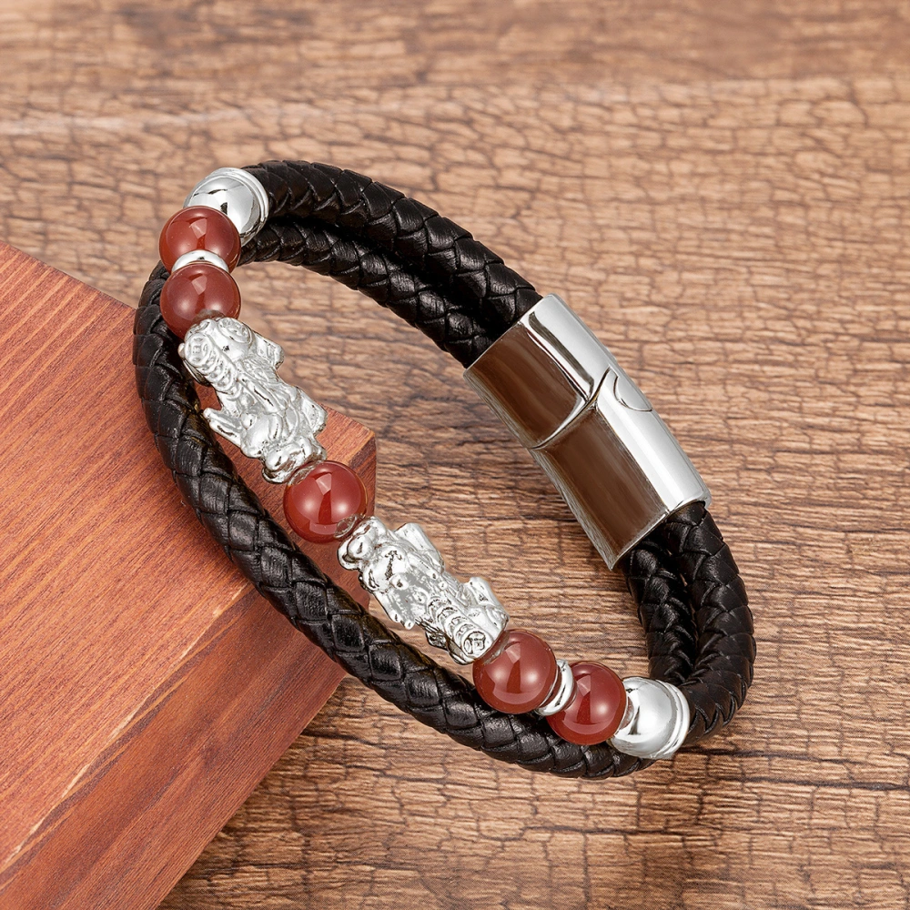 Men's Leather Rope Bracelet Natural Round Stone