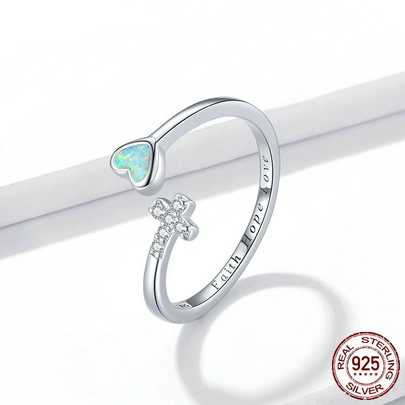 Silver S925 Love Cross Adjustable Ring White Gold Plated Zircon Heart-shaped Opal Ring Bracelet