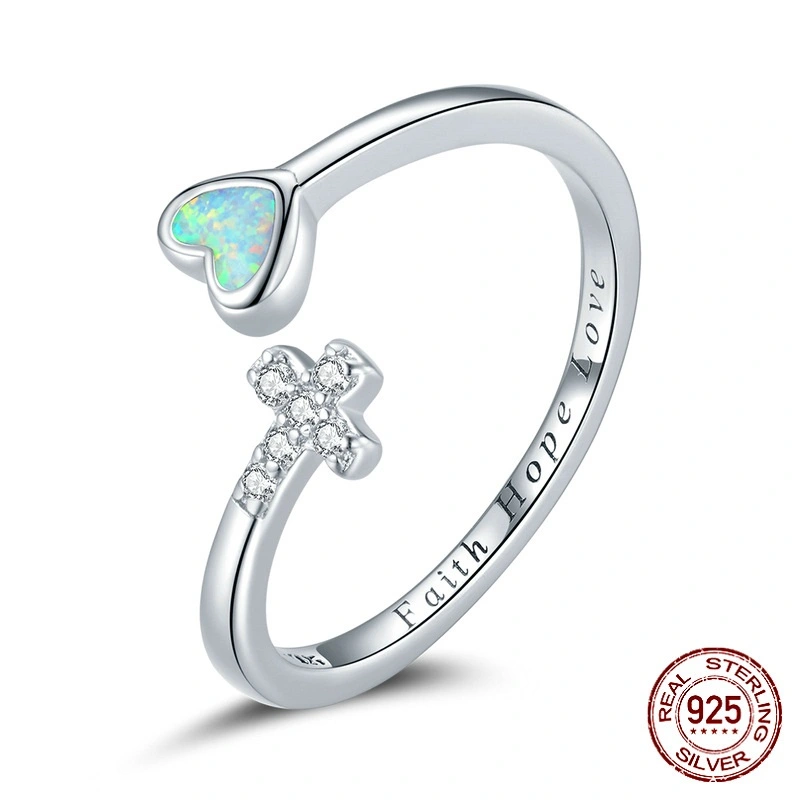 Silver S925 Love Cross Adjustable Ring White Gold Plated Zircon Heart-shaped Opal Ring Bracelet