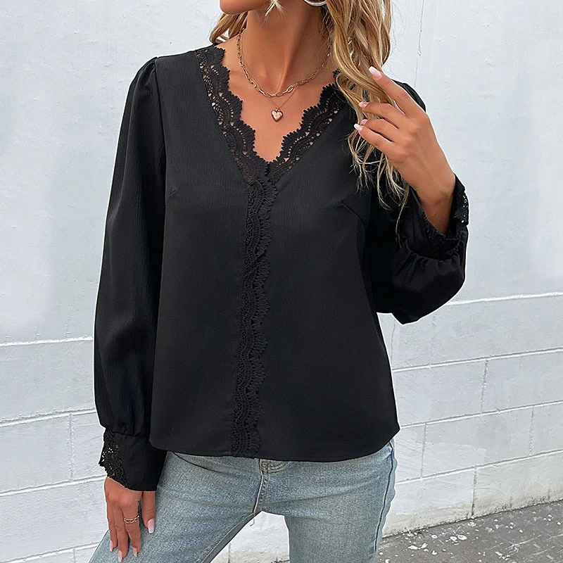 European And American Fashion Women's Wear Spring New Inner Wear Long Sleeve V-neck Lace Shirt