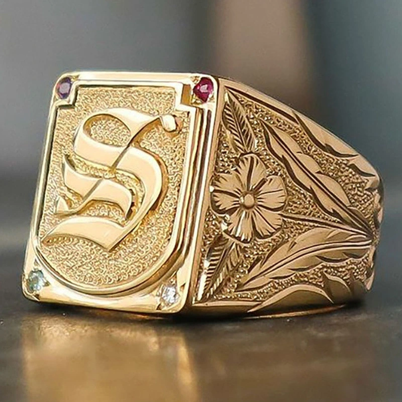 Gold Atmospheric Floral Carving Men's Ring