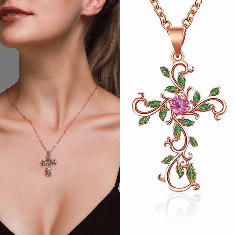 New Personality Flower Cross Necklace Temperament Diamond Leaf Clavicle Chain