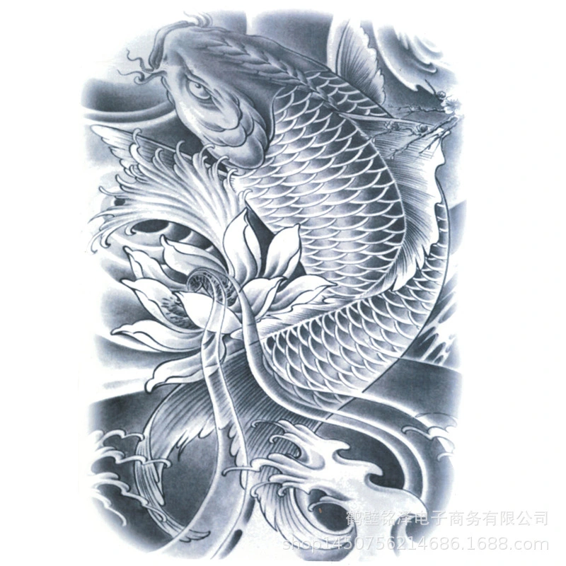 Tattoo Stickers Waterproof Black And White Carp Lotus Big Picture