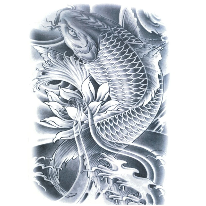 Tattoo Stickers Waterproof Black And White Carp Lotus Big Picture