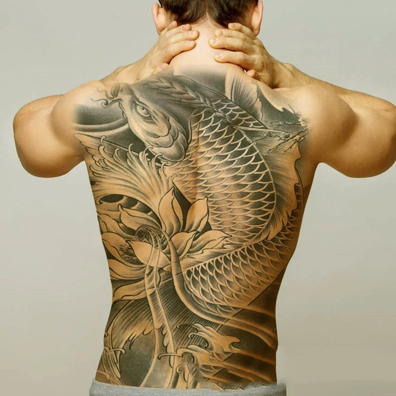 Tattoo Stickers Waterproof Black And White Carp Lotus Big Picture