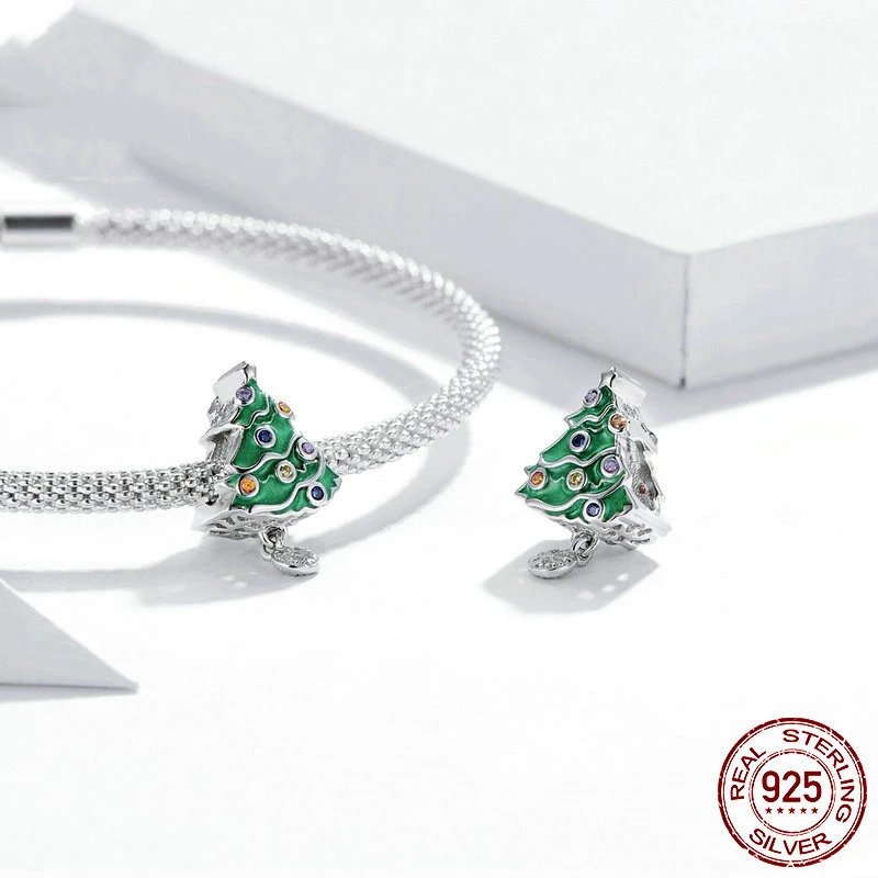 Colorful Christmas Tree Beaded Bracelet Pendant In Sterling Silver