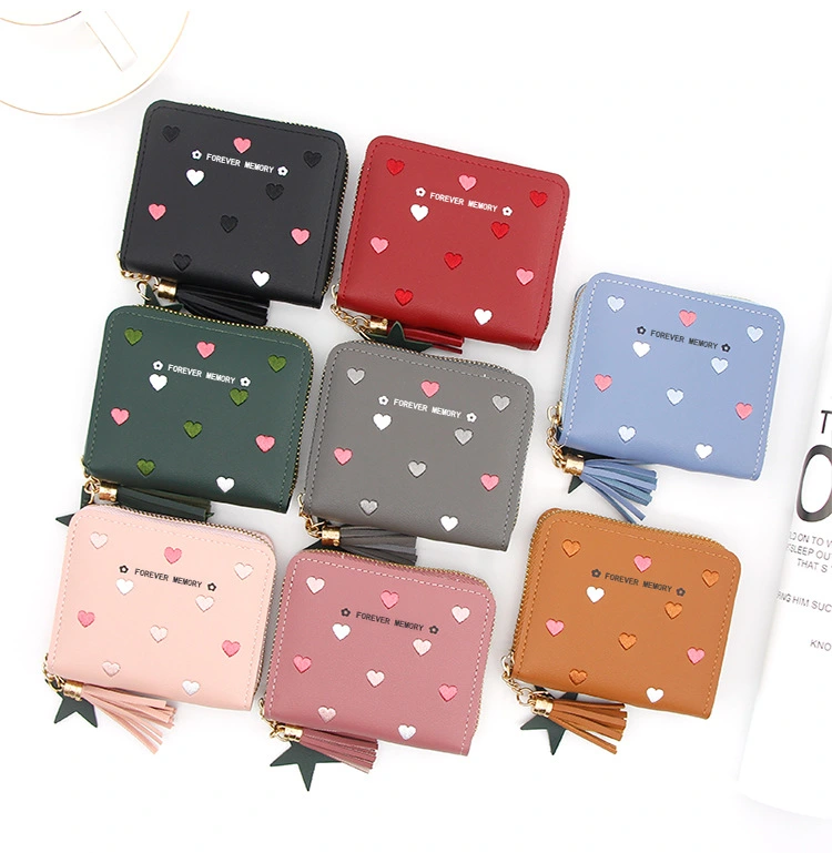 Embroidered Love Korean Women's Wallet Short Clutch Little Girl Coin Purse Women's Zipper Bag Card Holder Card Case