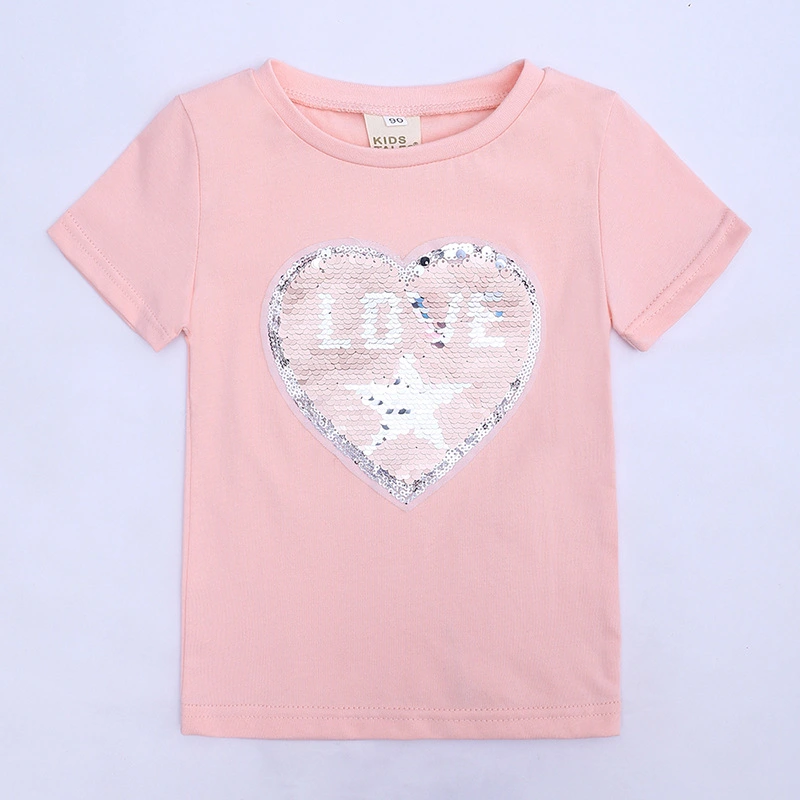 Girl's Heart-shaped Sequined Color-changing Round Neck Short-sleeved Top