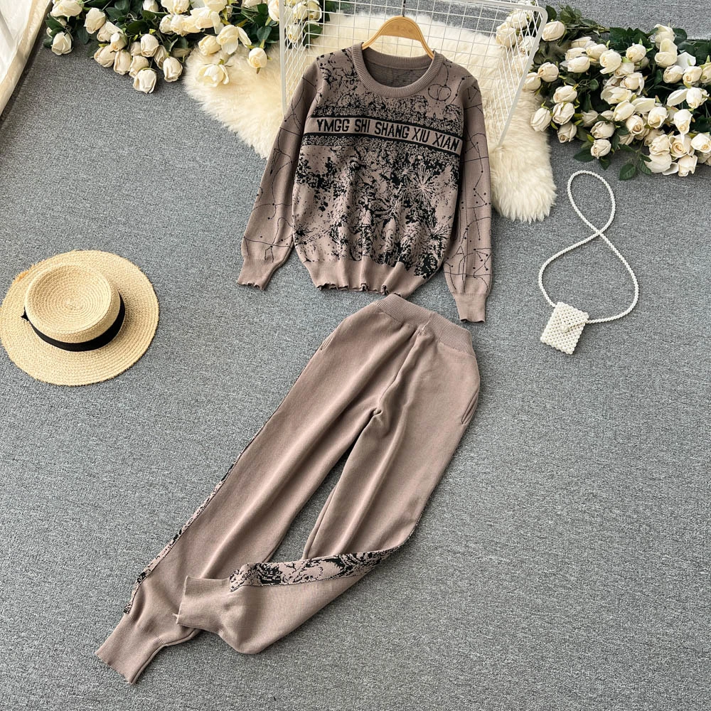 Knitted Casual Leggings Round Neck Loose Letter Printed Sweater