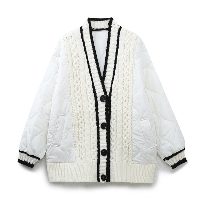 Fashion Tricolor Knitted Patchwork Cotton Coat