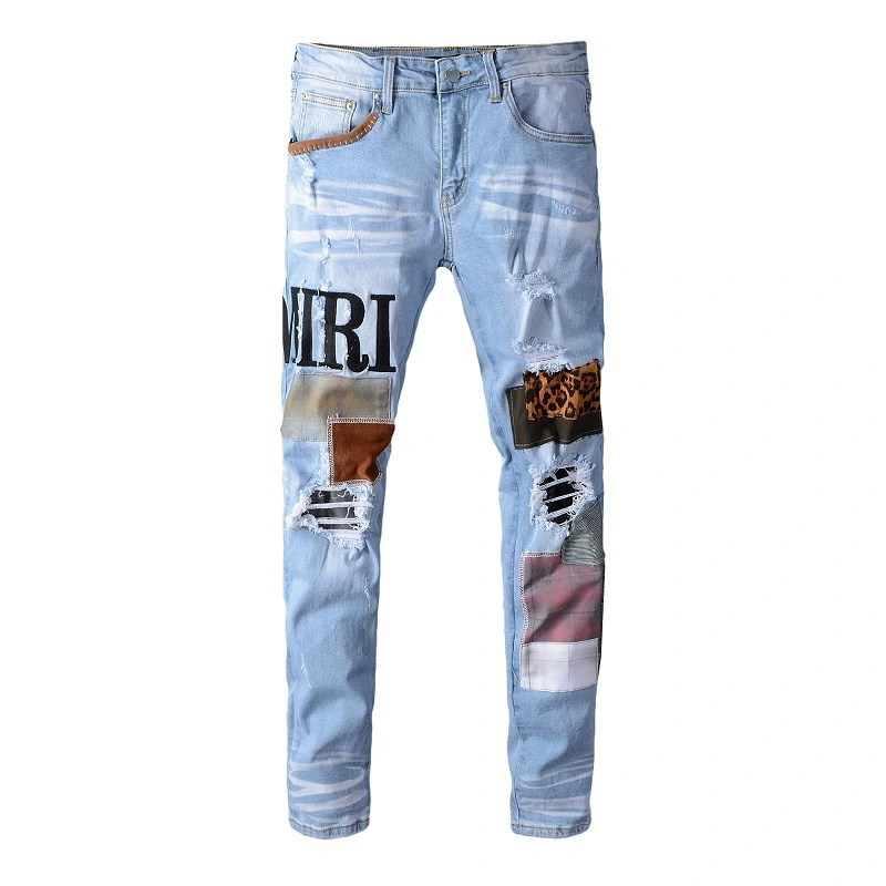 Light Blue Embroidery Leopard Print Cloth Patch Skinny Ripped Gradient Jeans