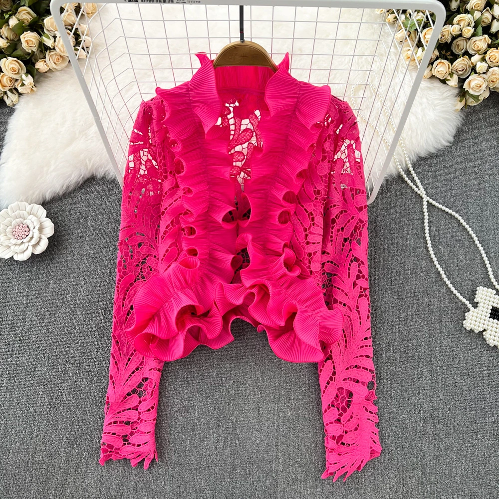 Retro Temperament V-neck Ruffled Lace Top