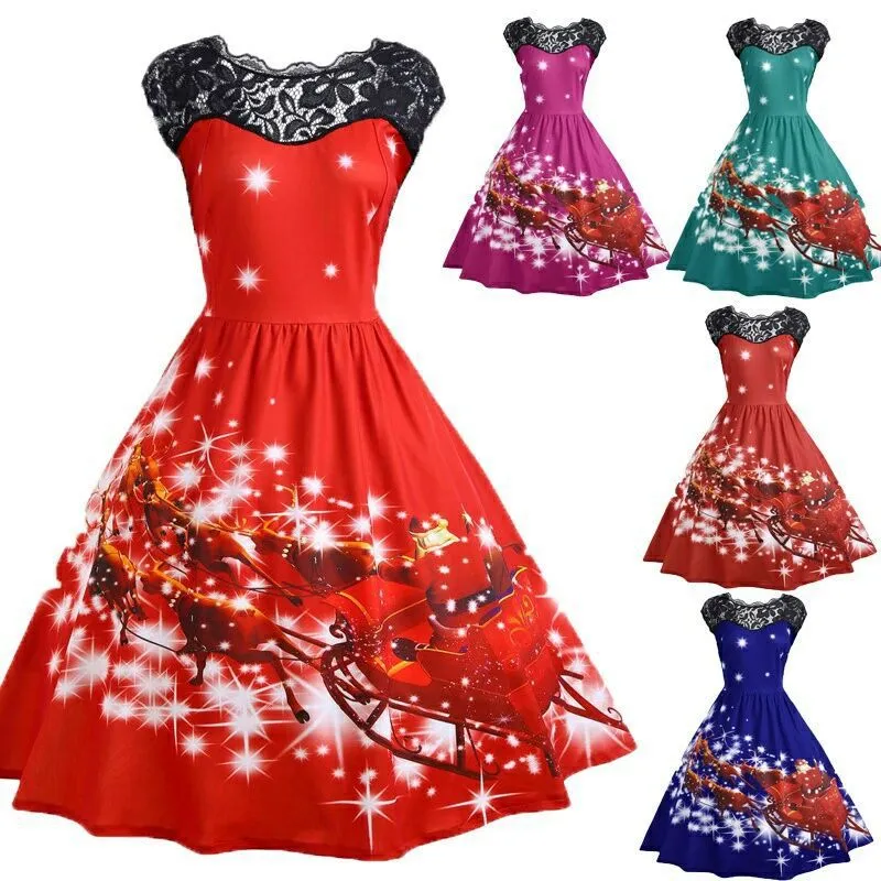 Christmas New Women's Lace Slim Fit Patchwork Printed Swing Dress