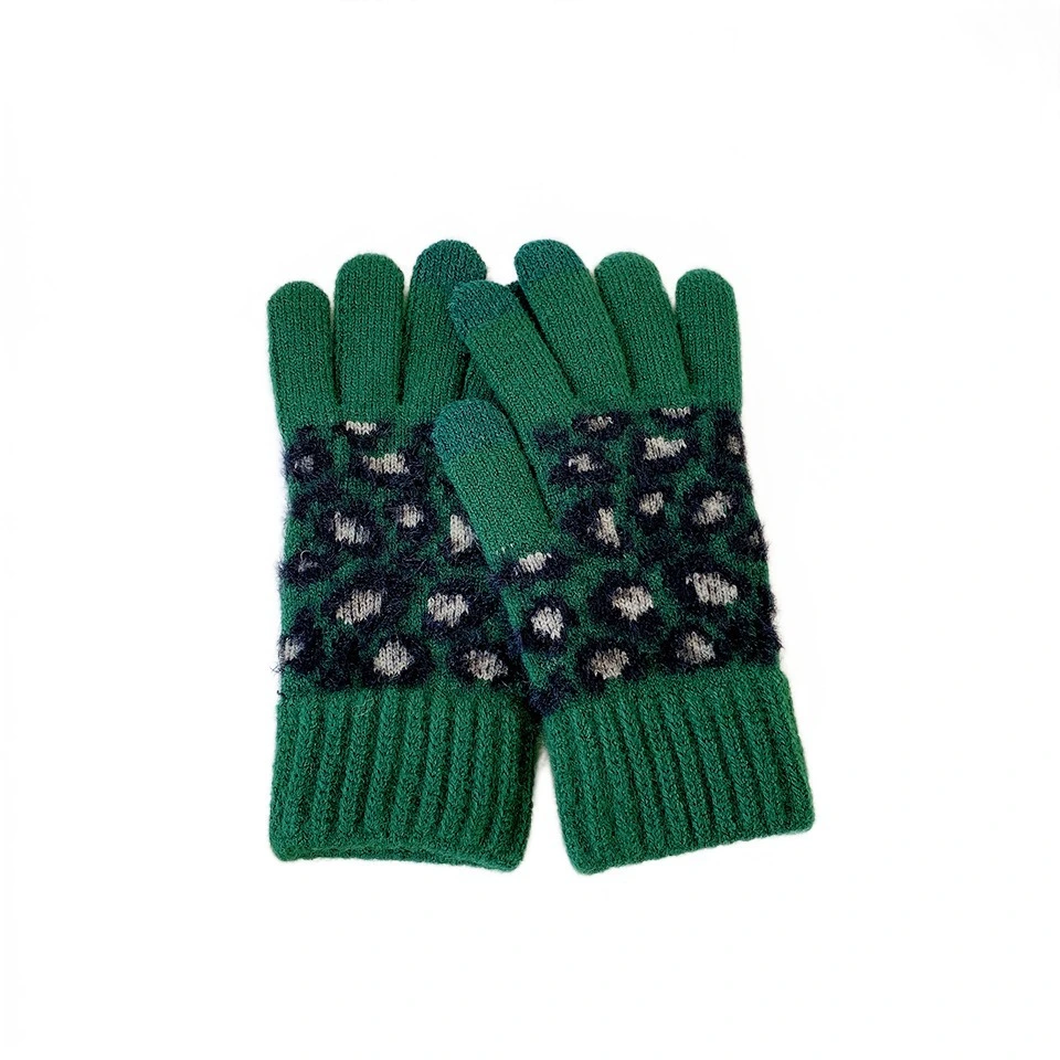 Women's Leopard Knitted Warm Gloves Winter Korean Style Thick Brushed Cycling Touch Screen Full Finger