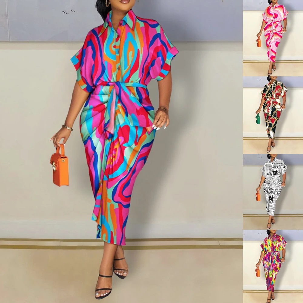 Women's Long Sleeve V-neck Button Printed Shirt Dress