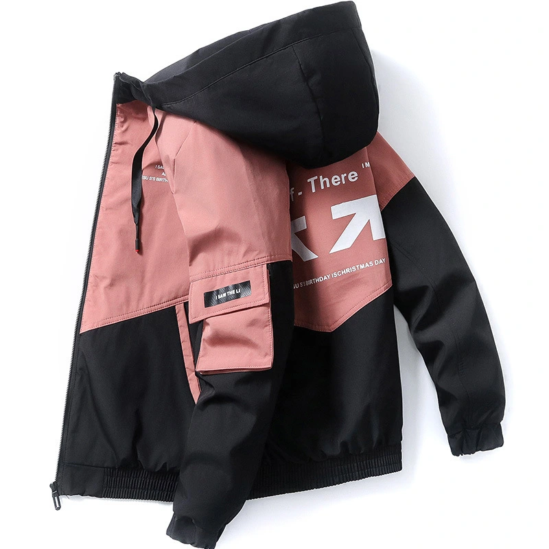 European And American Simple Men's Hooded Color Matching Letters Jacket Large Size Casual All-matching Work Clothes Jacket Men