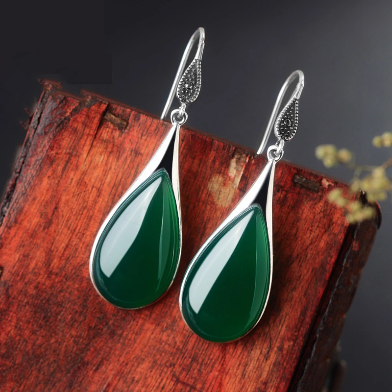 Retro Temperament Chrysoprase Ear Hook Drop-shaped Long