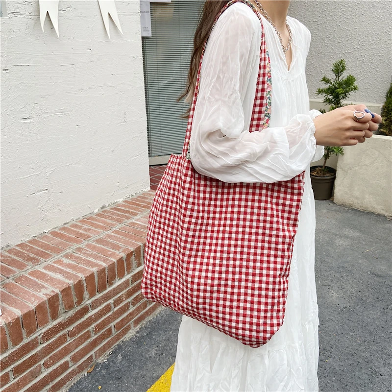 Women's Plaid Floral Stitching Canvas Bag