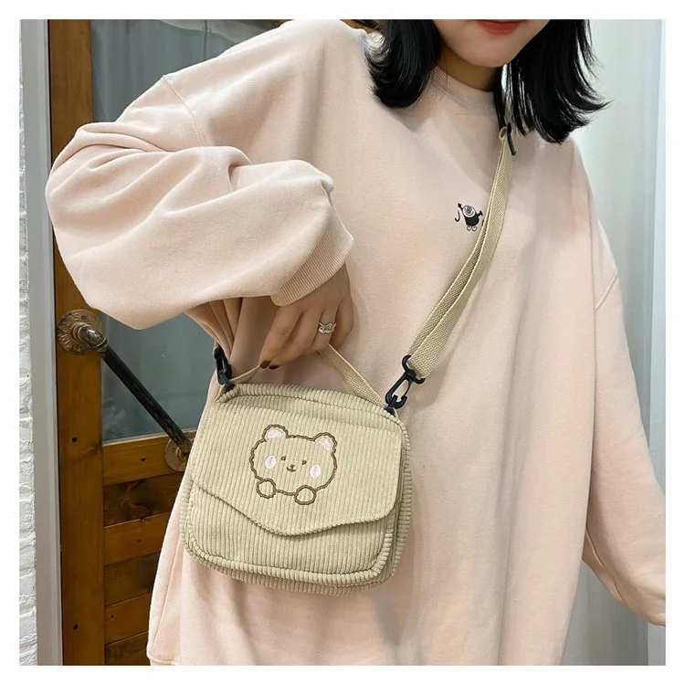 Cute And Cute Embroidered Bear Soft Girl Shoulder Bag Student Funny Small Bag