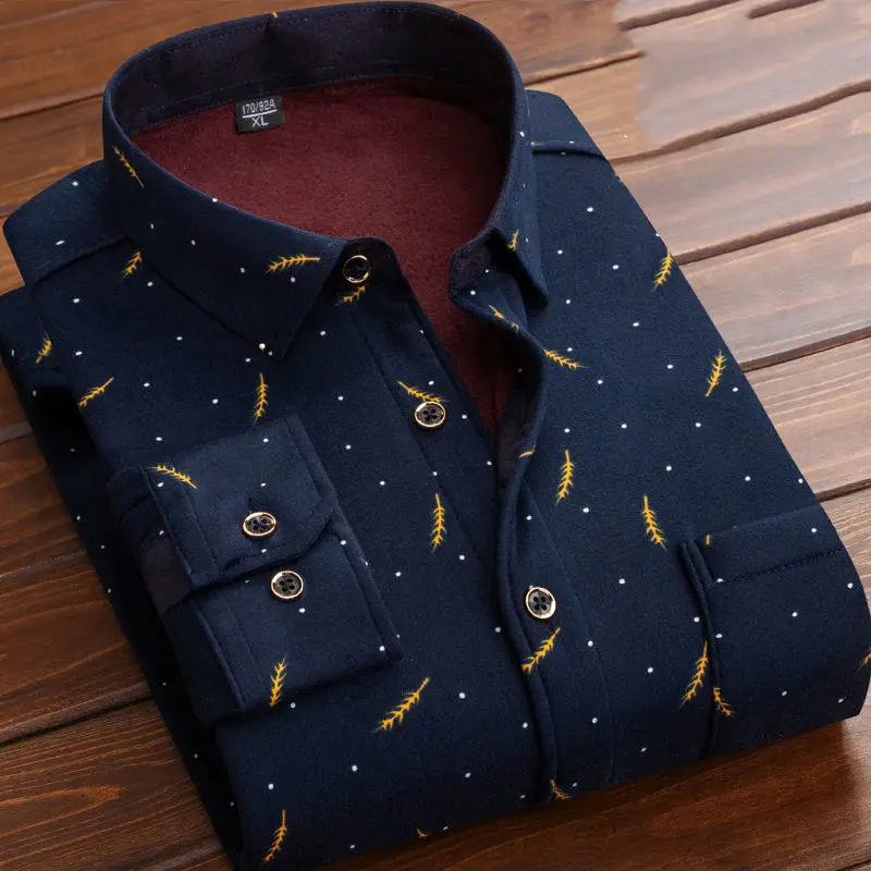Men's Fleece Thickened Thermal Shirt Long-sleeved Middle-aged Plaid Print Casual
