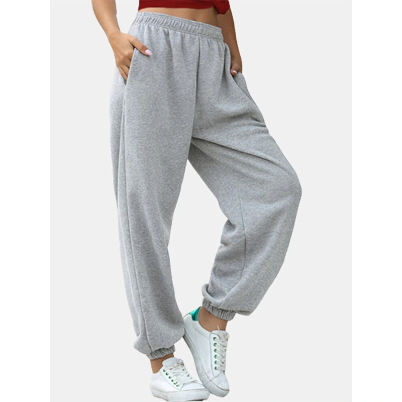 Pure color elastic waist leg pants casual sports trousers