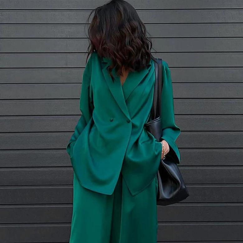 Fashion Satin Suit Lapel Long Sleeve Wide Leg Trousers